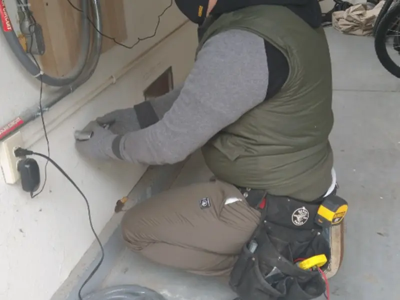 Electrician performing outlet wiring in a Overisel garage